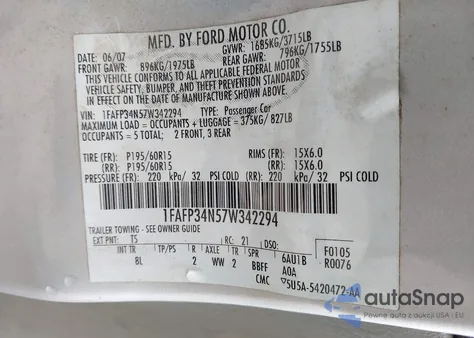 2007 Ford Focus S/Se/Ses from USA, damaged, VIN 1FAFP34N57W342294